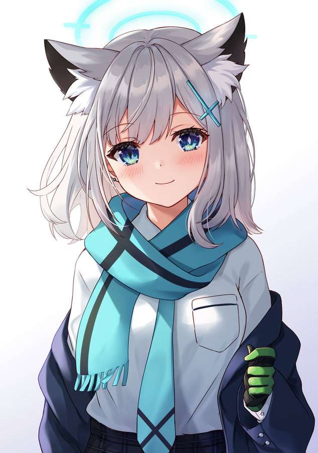 Anime-Mädchen mit Fuchsohren und blauen Augen, das einen blauen Schal und eine Schuluniform trägt. — Wolf mädchen Wallpaper