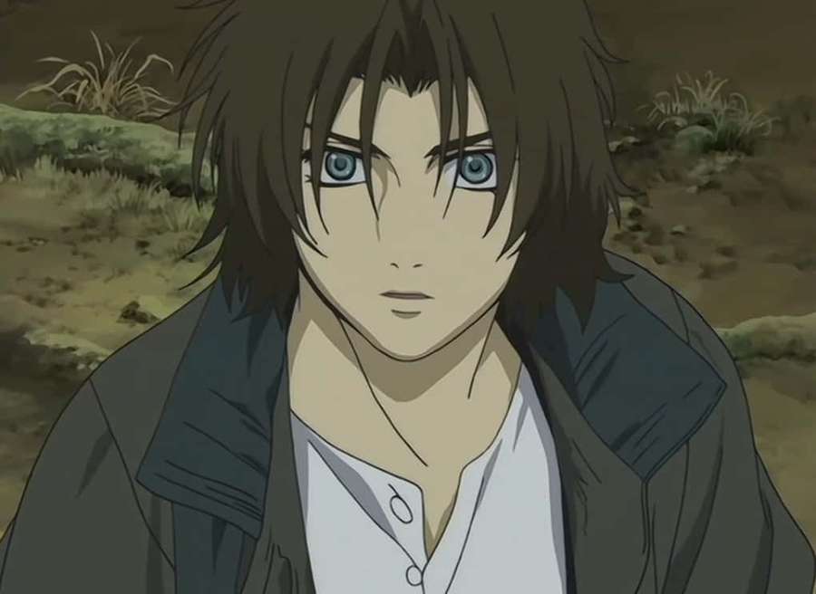 Anime character with blue eyes and brown hair in a barren outdoor scene. — Wolf's Rain Kiba Wallpaper