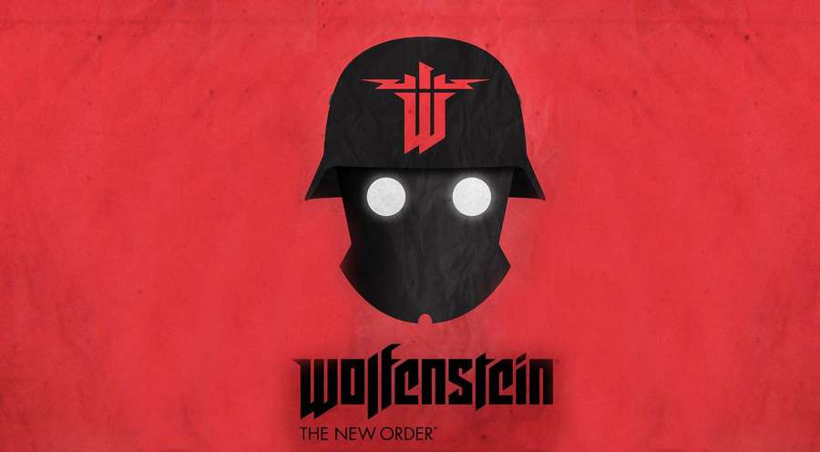 Black helmet with glowing eyes and red emblem on red textured background with Wolfenstein logo. — Wolfenstein Background