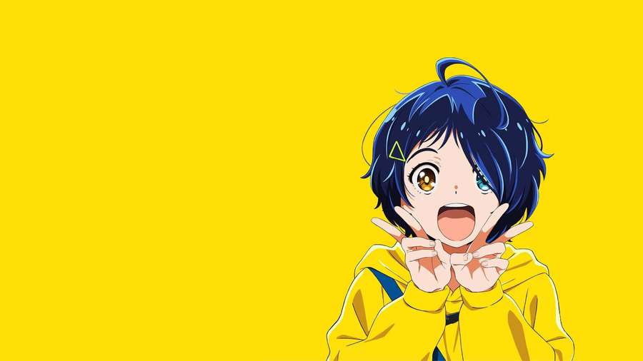 Anime girl with blue hair and colorful eyes making peace signs on yellow background — Wonder Egg Priority Background