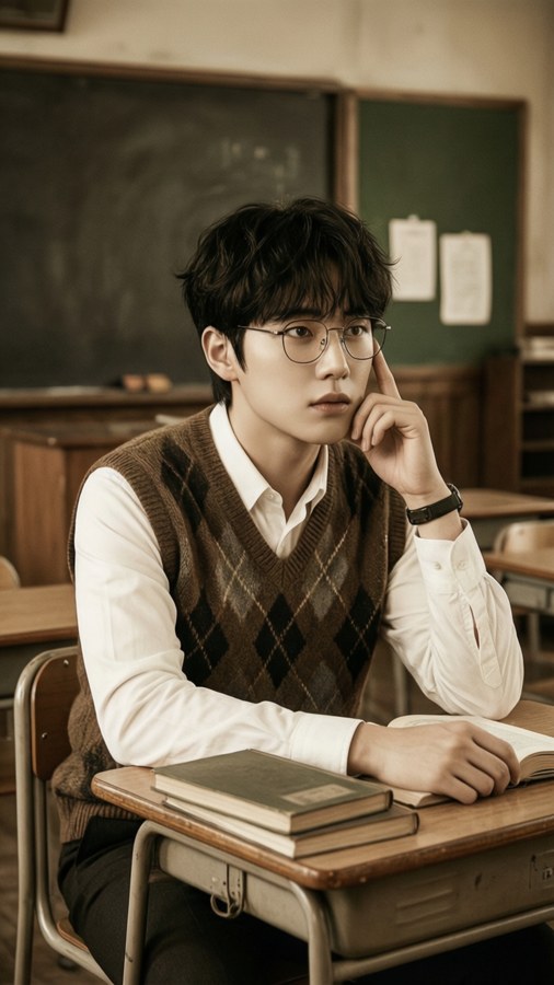 Wonwoo as a studious student in a vintage classroom. — Wonwoo Background