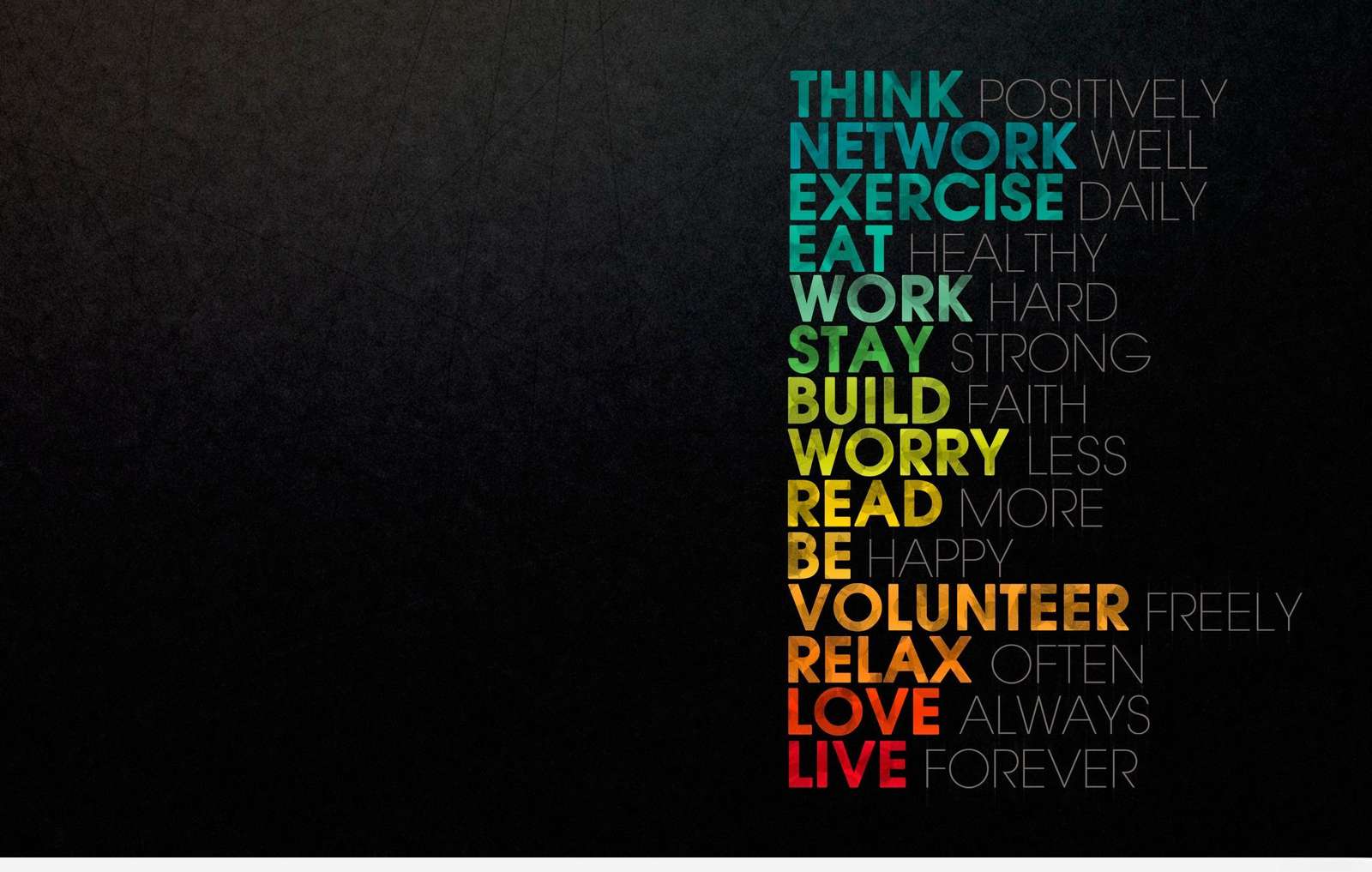 Colorful motivational text on dark background encouraging positive habits and life values. — Word Background