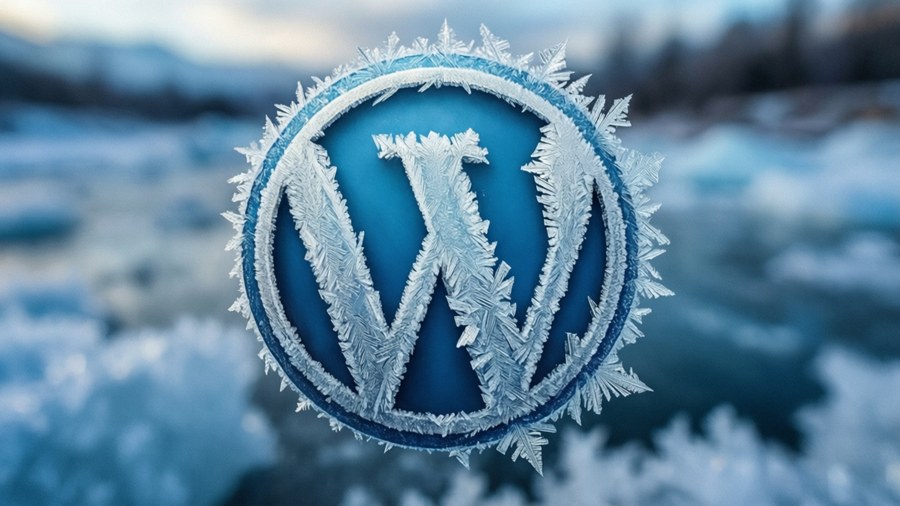 A WordPress logo formed of ice crystals with frosty texture on a cold blue background, macro shot. — Wordpress Picture