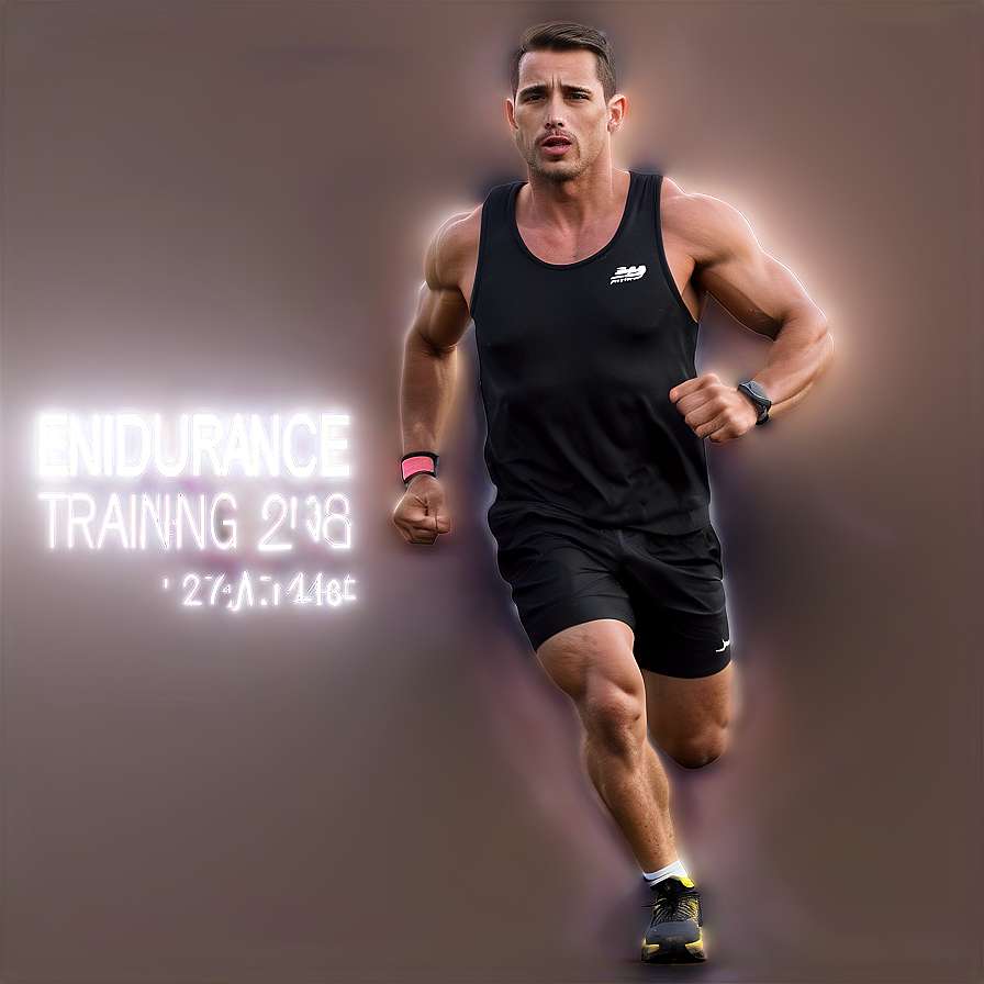 Athletic man running in black gear with glowing text endurance training 2138 — Working out PNG
