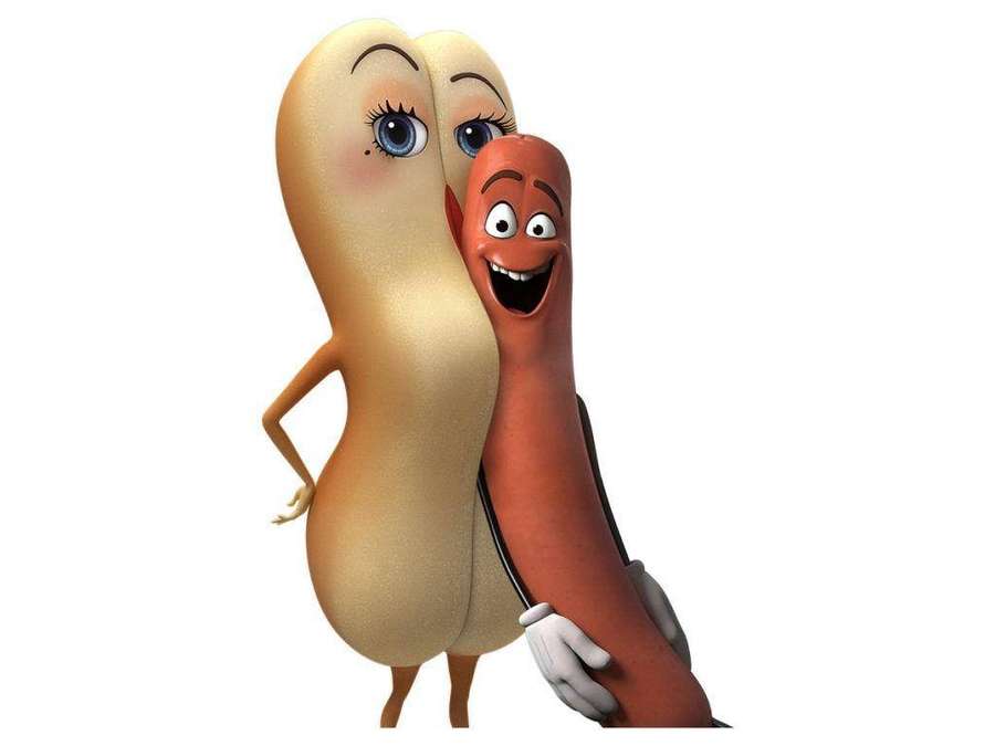 Ein Cartoon-Hotdog- und Erdnussbutter-Charakter, der sich mit großen Lächeln umarmt. — Wurstparty Wallpaper