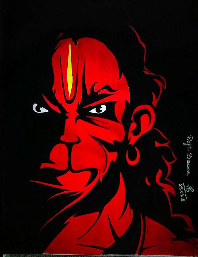 Rotäugige Gottheit mit glühenden Augen und gelbem Zeichen vor schwarzem Hintergrund. — Wütender Hanuman Wallpaper