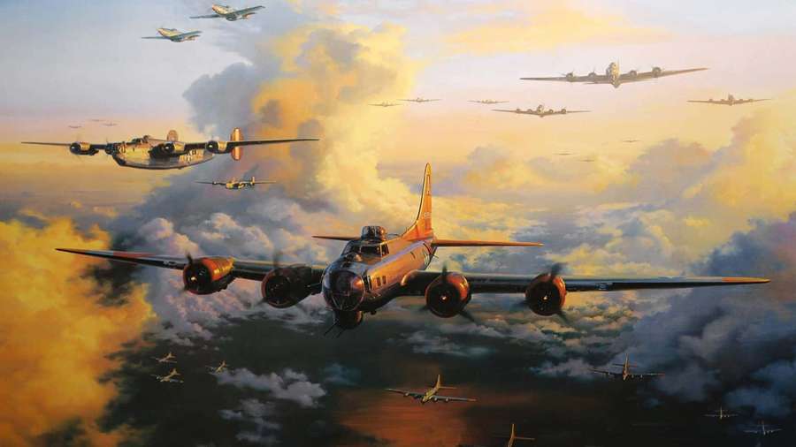 Vintage military bombers flying in formation during a golden sunset. — Ww2 Background