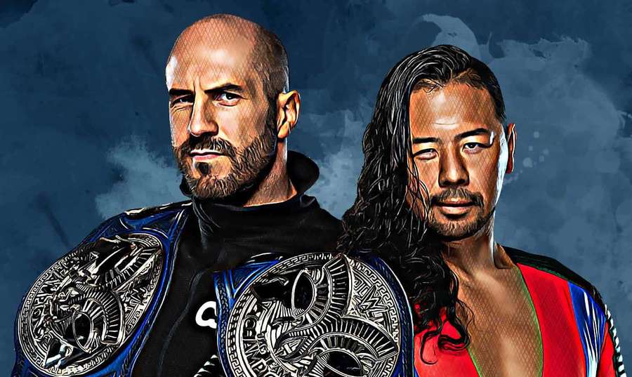 Two professional wrestlers wearing championship belts pose with serious expressions. — WWE Desktop Wallpaper