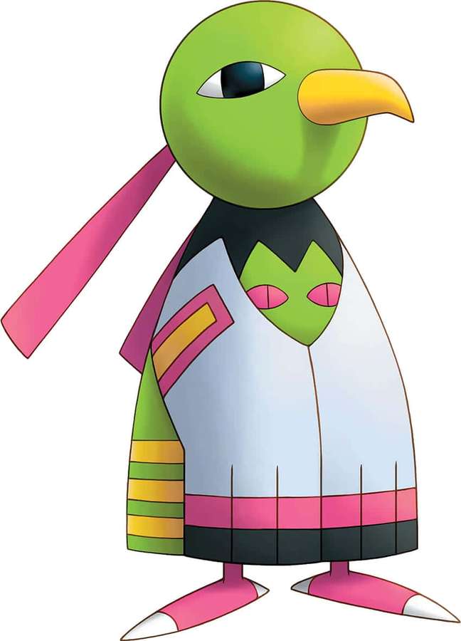 A green bird Pokémon wearing a colorful outfit with pink and yellow accents. — Xatu Wallpaper