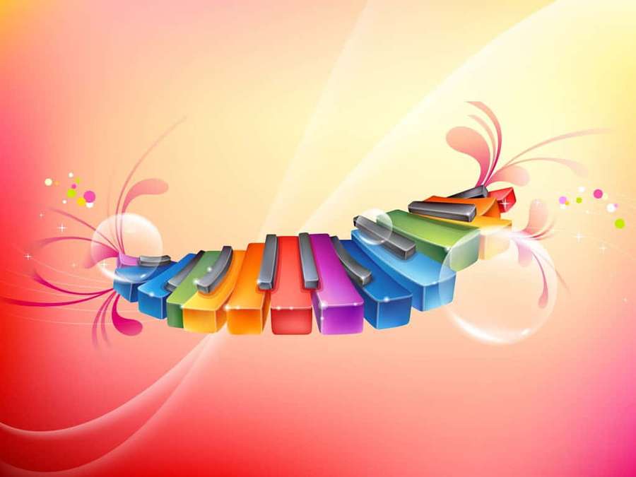 Teclas de piano coloridas flotantes con remolinos florales y destellos sobre un fondo degradado. — Xilófono Fondos de pantalla