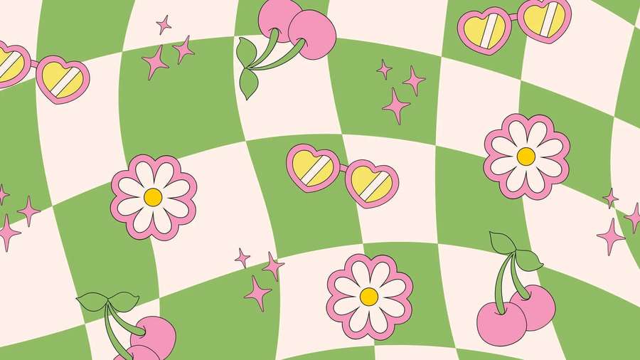 Rosa Kirschblüten und herzförmige Sonnenbrillen auf einem grün-cremefarbenen karierten Hintergrund. — Y2k Desktop Wallpaper
