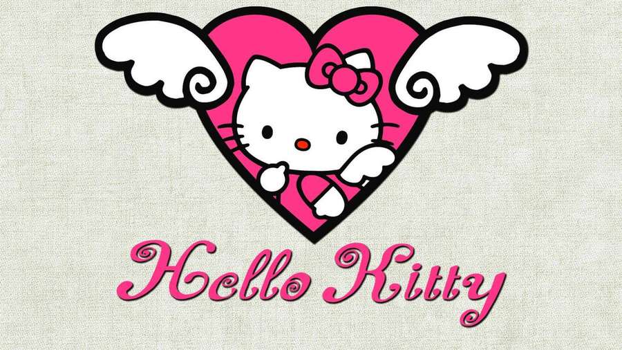 Hello Kitty mit Engelsflügeln in einem rosa Herz-Logo auf strukturiertem beigen Hintergrund. — Y2k Hello Kitty Wallpaper