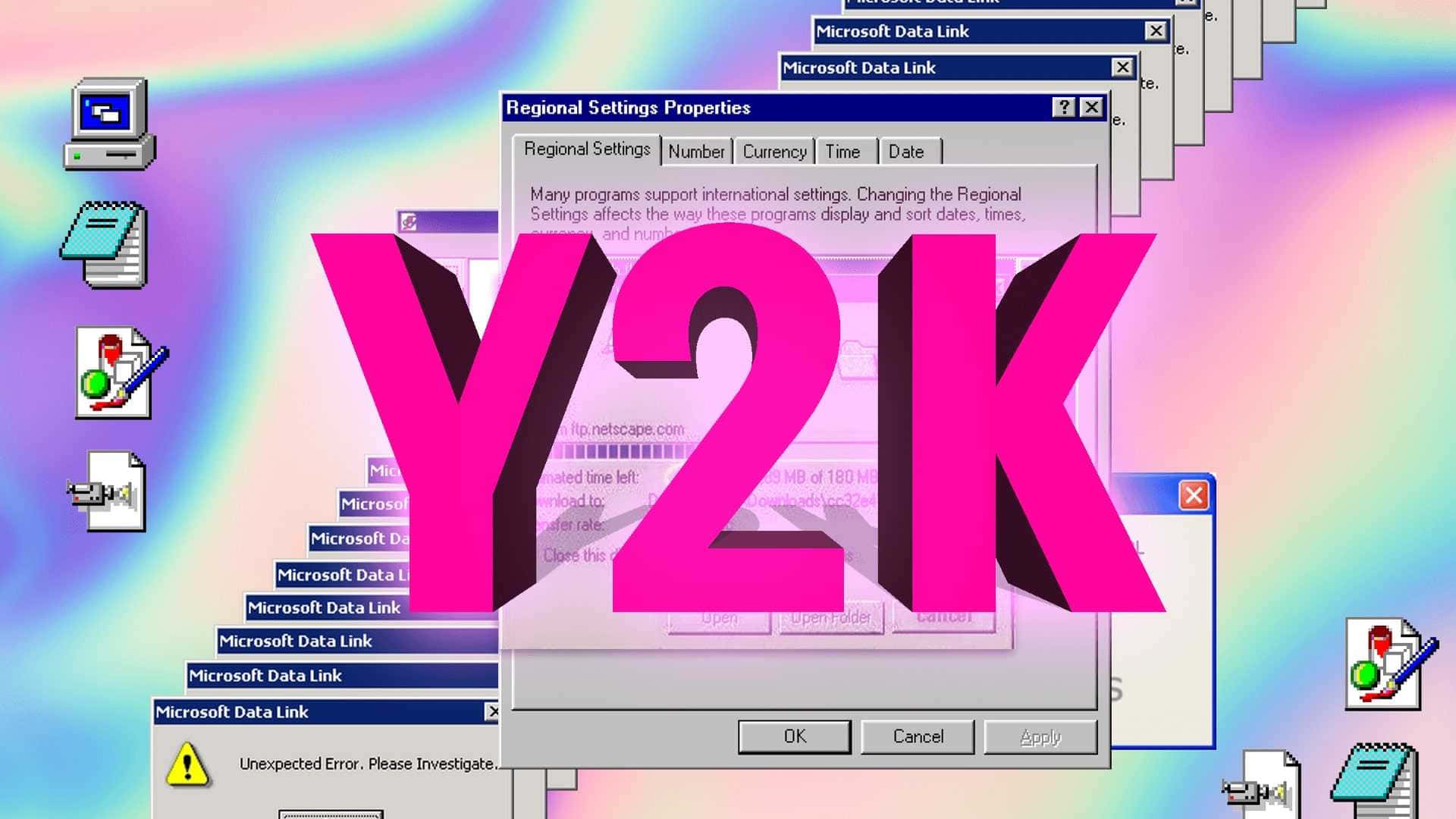 Desktop retro Windows 95 dengan pesan kesalahan Y2K dan teks merah muda. — Y2k Wallpaper