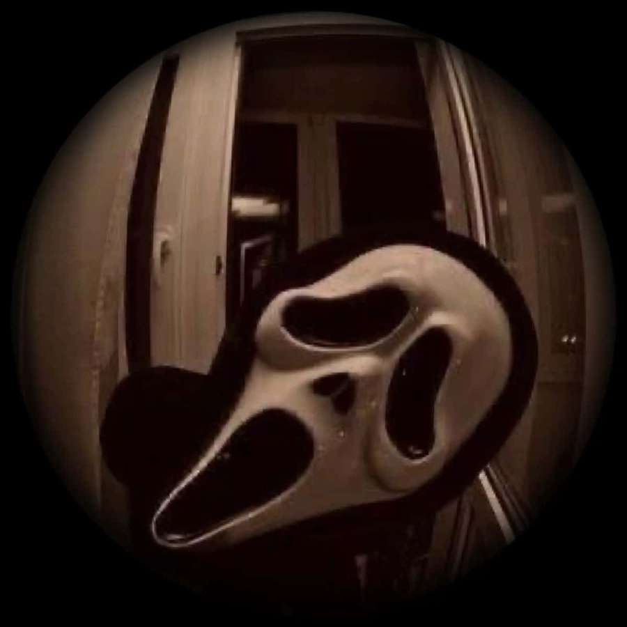 Eine weiße Scream-Maske in einem dunklen Flur, gesehen durch ein Fischaugenobjektiv. — Y2k Pfp Wallpaper