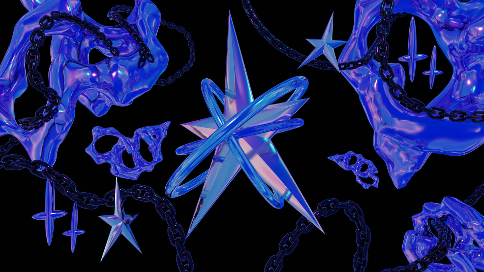 Abstrakte digitale Kunst mit leuchtend blauen Sternen, Totenköpfen und Ketten auf schwarzem Hintergrund — Y2k Star Wallpaper