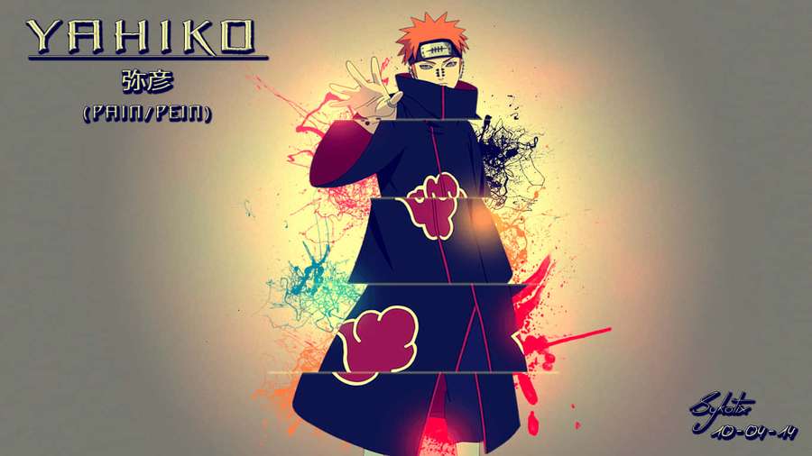 Anime ninja Yahiko in Akatsuki cloak with colorful paint splatters. — Yahiko Picture