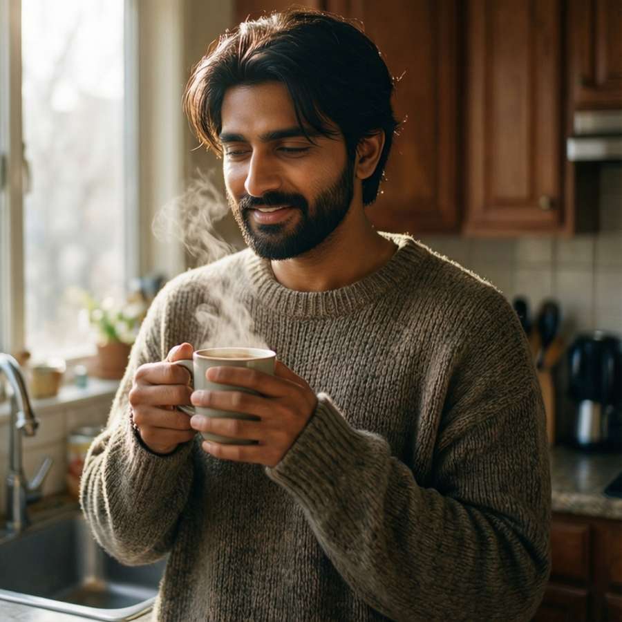 Man in cozy sweater sipping steaming coffee by kitchen window. — Yami Gautam Background