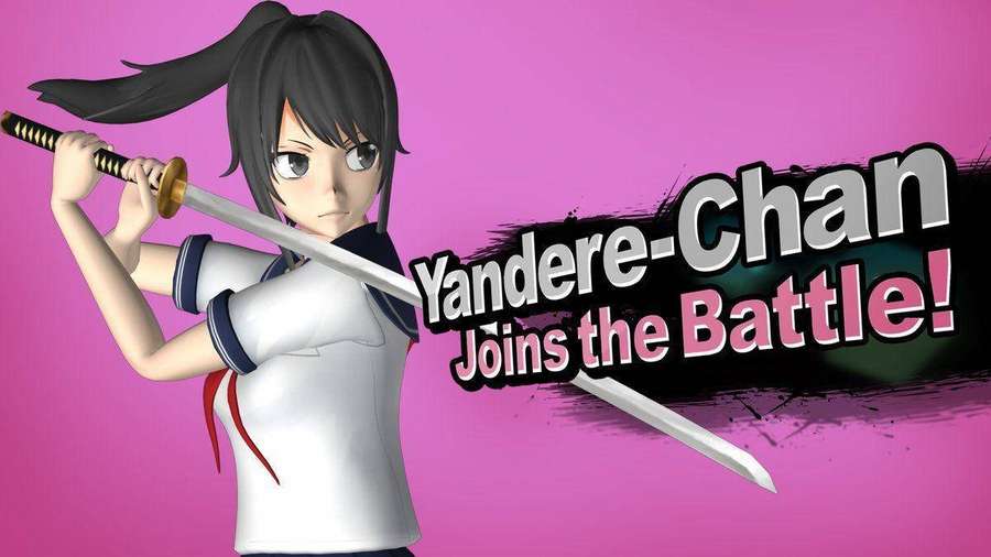 Anime-Girl in Schuluniform hält Schwert mit Text Yandere-Chan Joins the Battle — Yandere Bilder