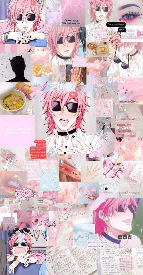 Collage rosa anime con personaggi, note e accessori. — Yarichin Sfondi