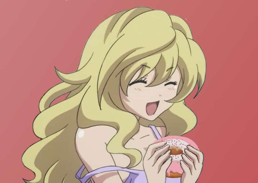 Anime girl with blonde hair eating a pink frosted donut with sprinkles. — Yasuko Takasu Wallpaper