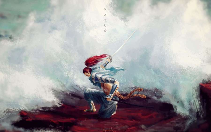 Anime warrior with red hair slashes sword through crashing ocean waves on red cliff. — Yasuo Wallpaper