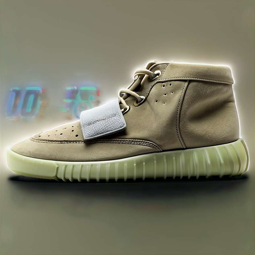 Beige high-top sneaker with glowing sole and digital numbers in background. — Yeezy PNG