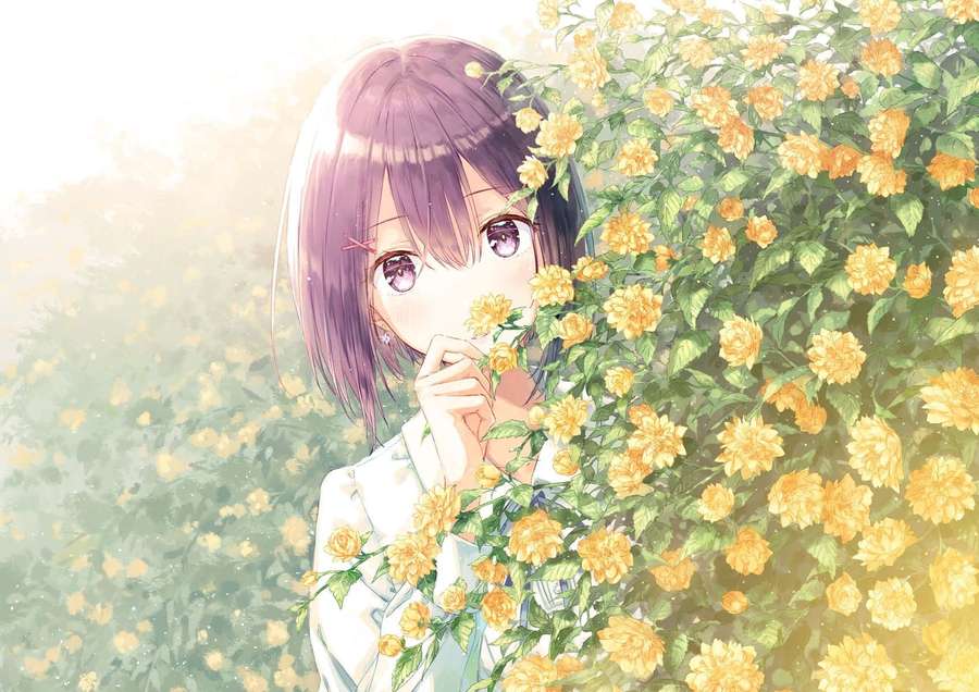 Anime girl with purple hair peeking from behind yellow flowers in a sunlit garden. — Yellow Anime Wallpaper