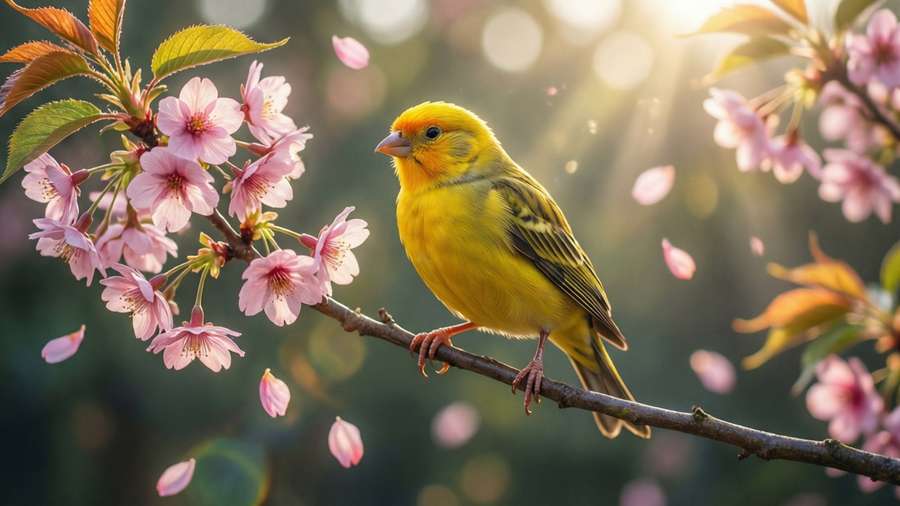 Yellow bird on cherry blossom branch with falling petals and sun rays. — Yellow Bird Background