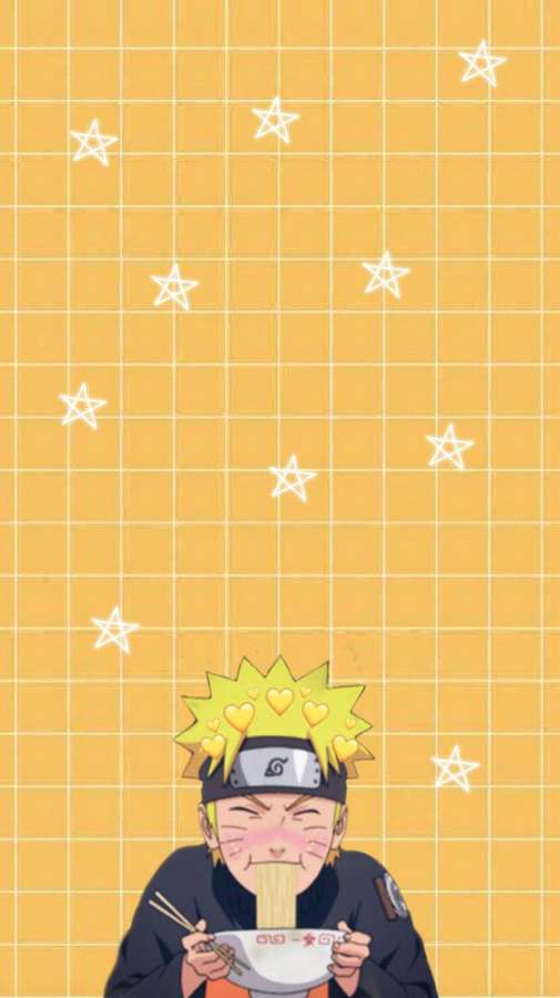 Naruto syö ramenia sydämet päänsä yläpuolella keltaisella ruudukolla, jossa on tähtiä. — Yellow Naruto Taustakuvat