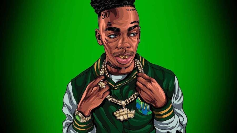 Man in green jacket showing off gold chains and tattoos against green background. — Ynw Melly Cartoon Wallpaper