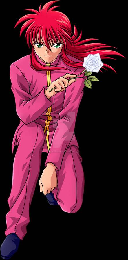 Anime-Figur mit roten Haaren, die eine weiße Rose in einem pinken Outfit hält. — Yoko Wallpaper
