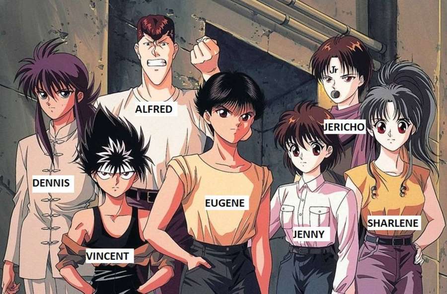 Sieben Anime-Charaktere mit verschiedenen Ausdrücken und Outfits stehen zusammen in einer dunklen Gasse. — Yoko Hintergrundbild