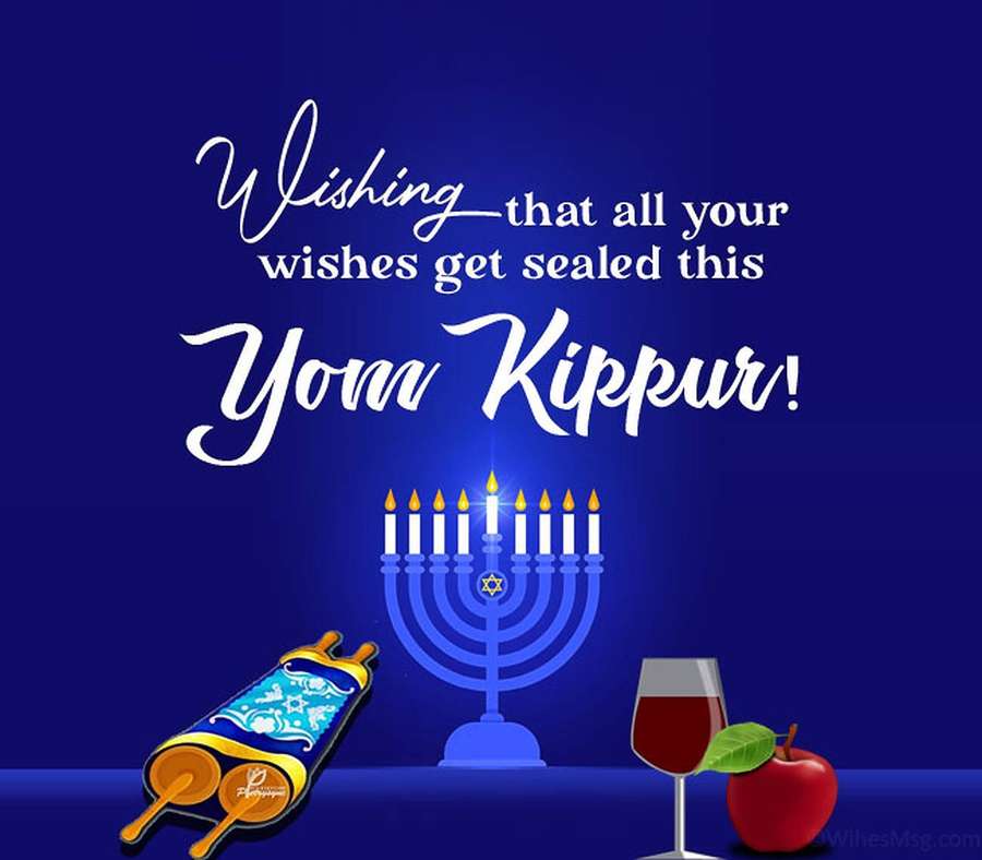 Yom Kippur greeting with menorah, Torah, wine, and apple on blue background. — Yom Kippur Background