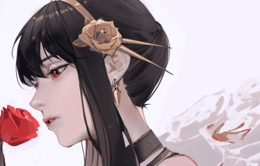 Anime girl with black hair and red eyes holding a red rose in snowy scene. — Yor Forger Wallpaper