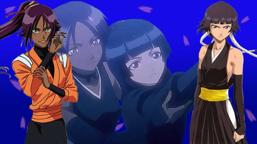 Drei Anime-Figuren in traditioneller Kleidung vor einem blauen Hintergrund mit rosa Blütenblättern. — Yoruichi Bilder