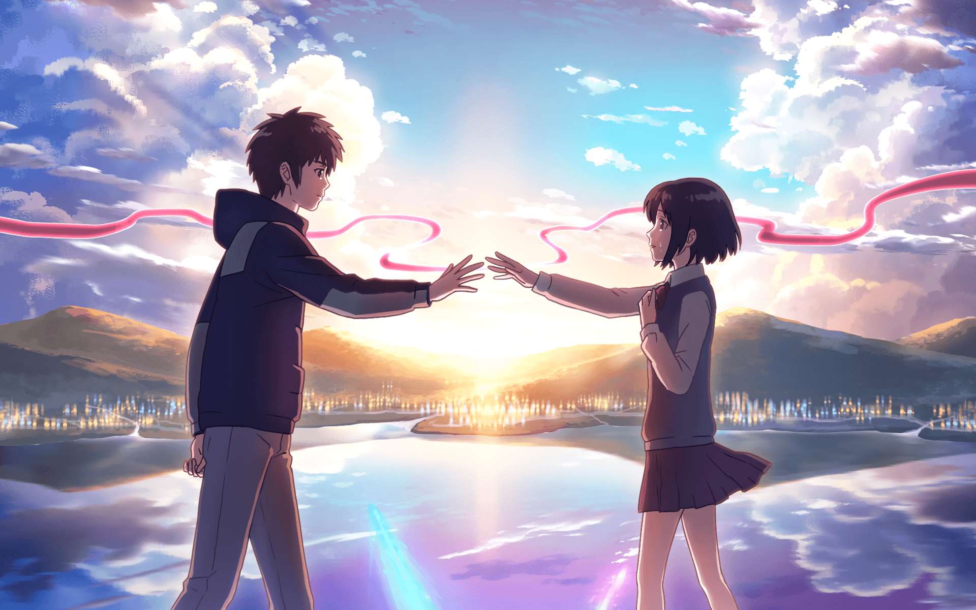 Two anime teens reaching for each other over a glowing lake at sunset. — Your Name Background