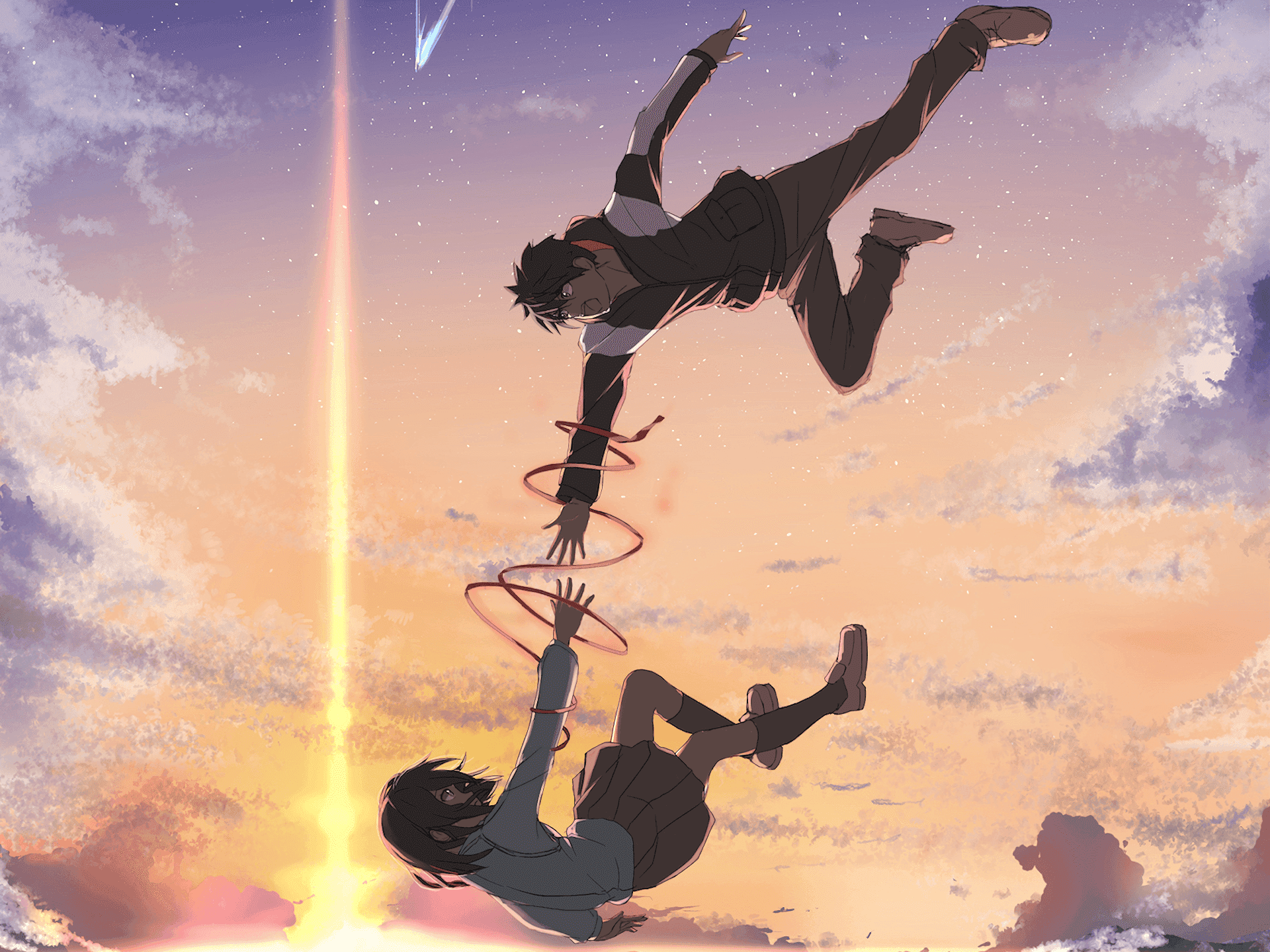 Two anime characters floating in the sky connected by glowing rings during sunset. — Your Name PNG