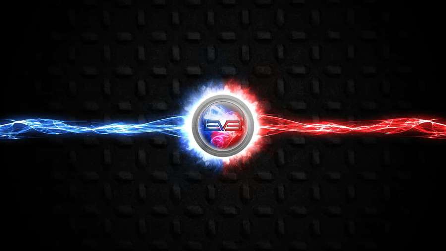 EVE logo emitting blue and red energy against a dark textured backdrop. — YouTube Banner Background