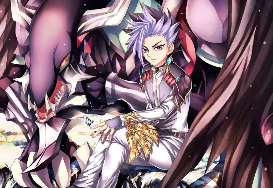 Chico de anime con cabello morado y dragón en escena de batalla cósmica. — Yu-gi-oh Yuto Fondos de pantalla