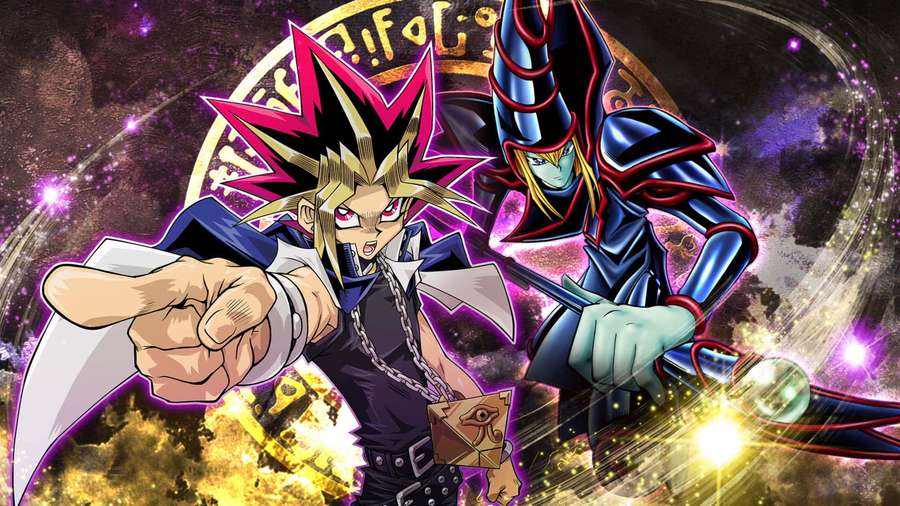Two anime characters in battle stances with glowing weapons and cosmic background. — Yugioh Background