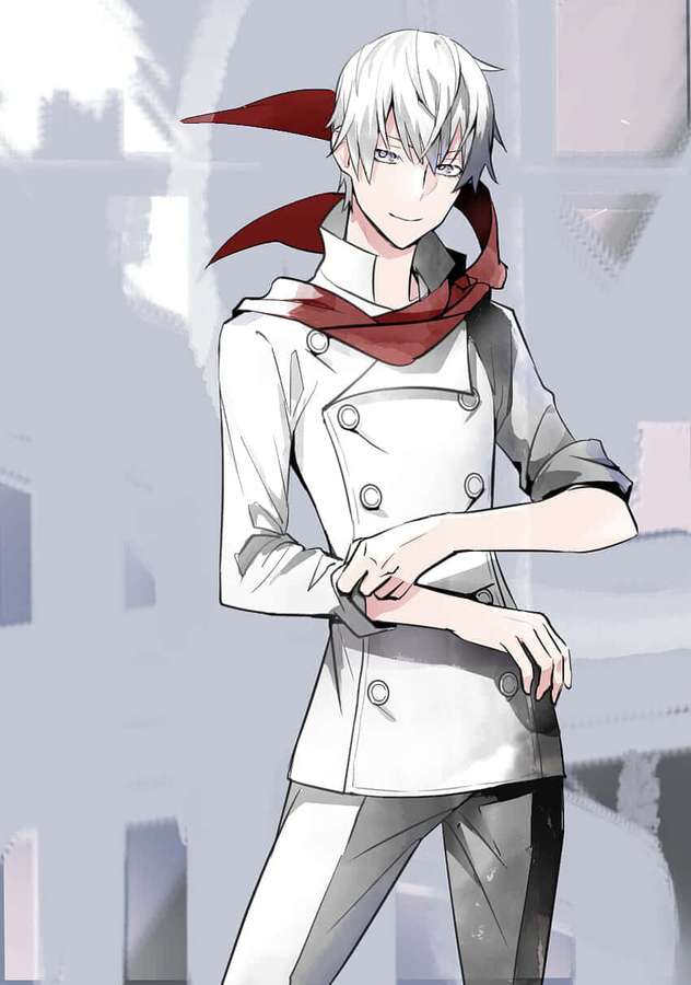 Anime chef with silver hair and red scarf in white coat against city background. — Yukito Tsukishiro Wallpaper