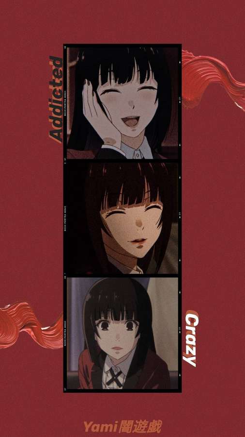 Three anime girls with different expressions on a red background with text. — Yumeko Background