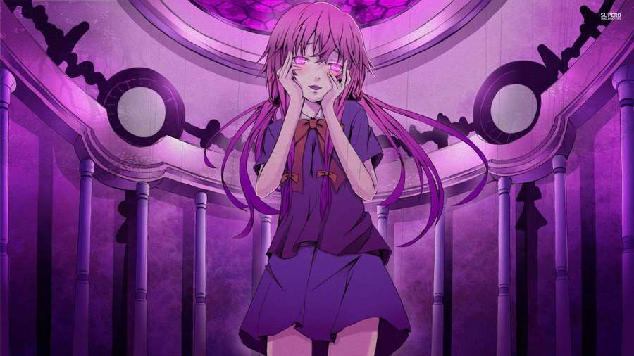 Anime girl with glowing eyes covering her face in a purple ornate hall. — Yuno Gasai Wallpaper