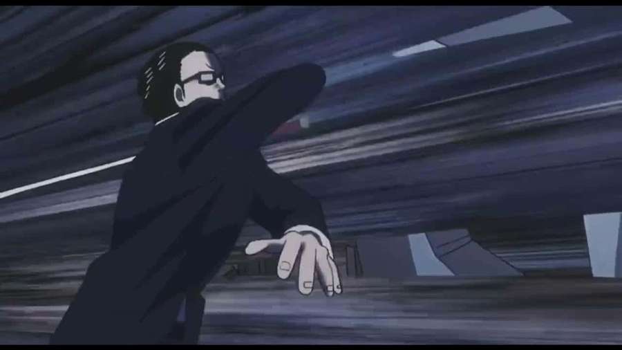 Anime man in suit lunging forward with motion blur in urban setting — Yusuke Sakurai Wallpaper