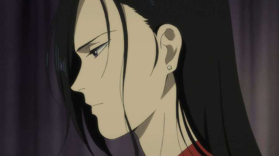 Anime woman with black hair and blue eyes in profile against dark curtains. — Yut-lung Wallpaper