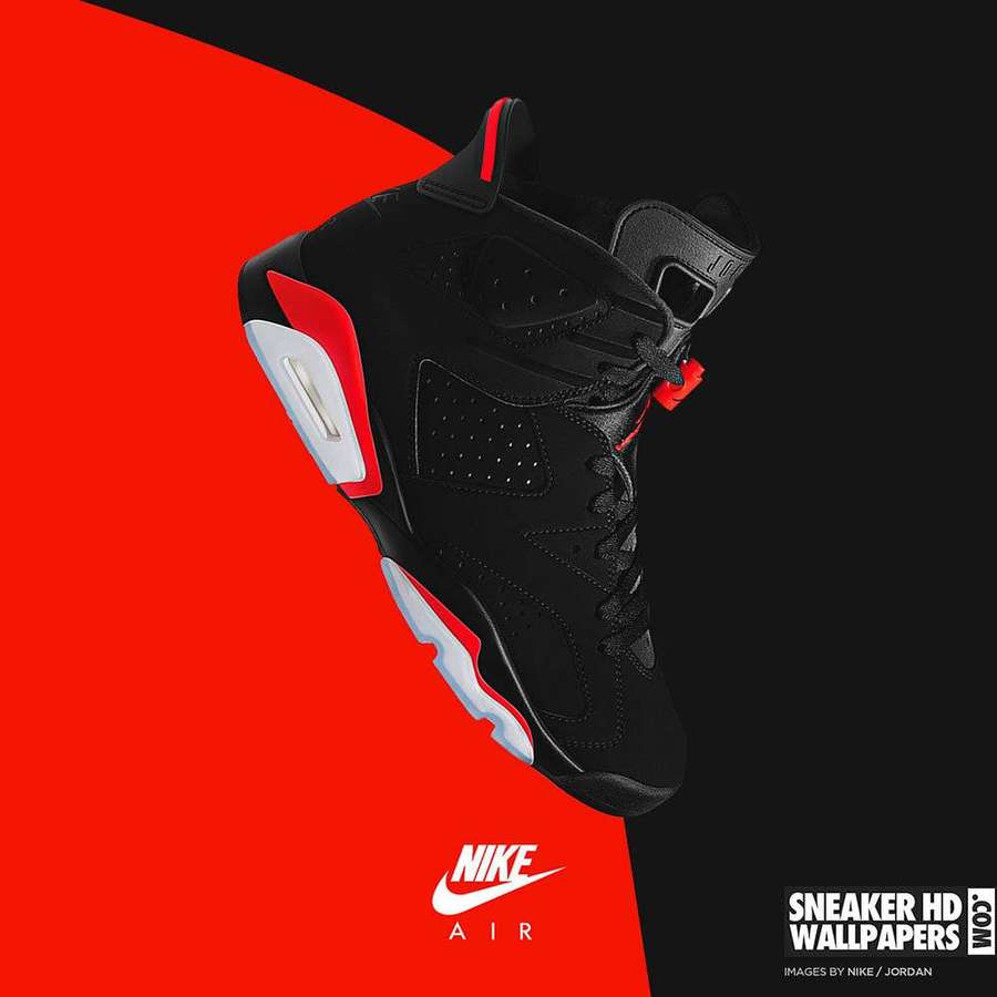 Zapatilla Nike Air Jordan 6 negra con detalles rojos y blancos sobre fondo rojo y negro. — Zapatilla Fondos de pantalla