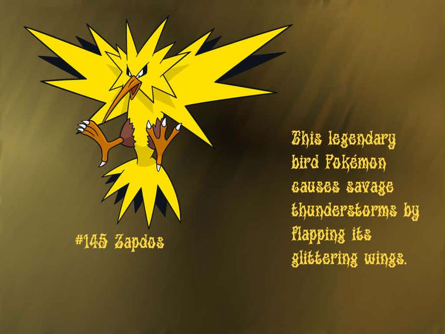 Yellow Zapdos Pokémon with lightning wings and descriptive text on brown background. — Zapdos Wallpaper