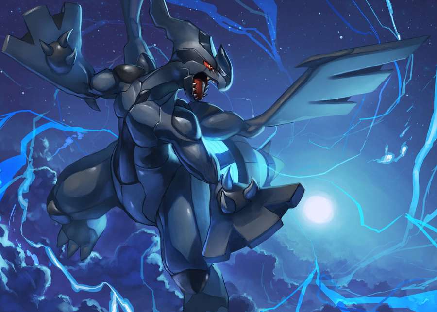A dark blue anime dragon with glowing red eyes surrounded by electric blue lightning. — Zekrom Background
