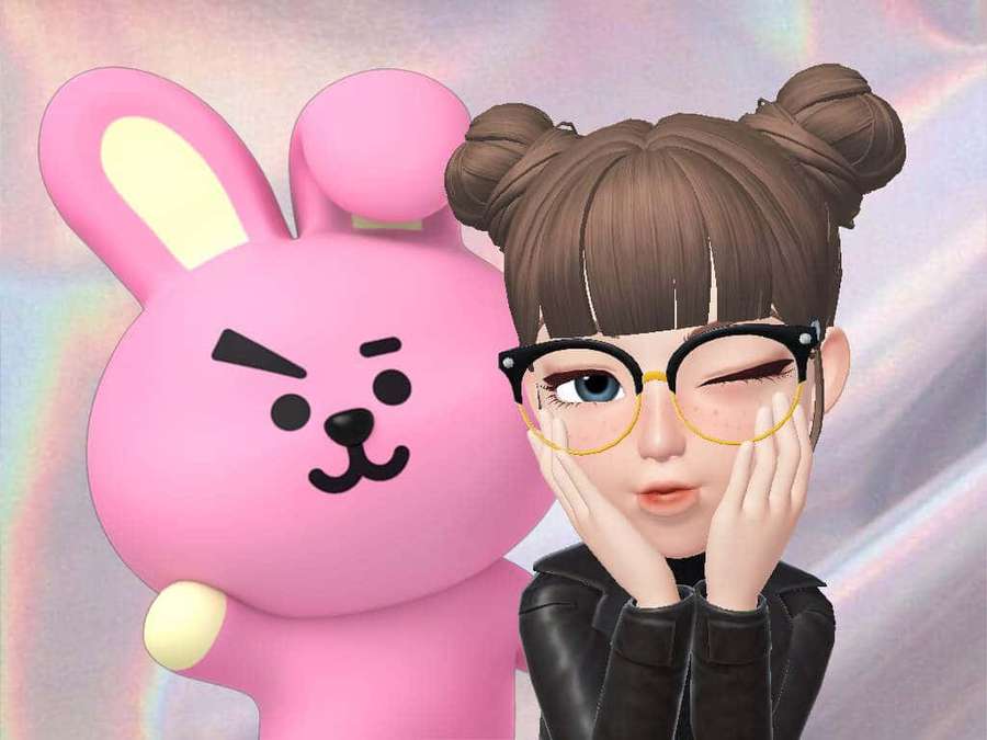 Girl with glasses and twin buns beside a pink bunny with angry face. — Zepeto Background