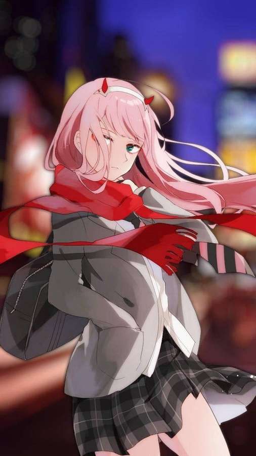Pink-haired anime girl with red horns and scarf in city night scene. — Zero Two Phone Wallpaper